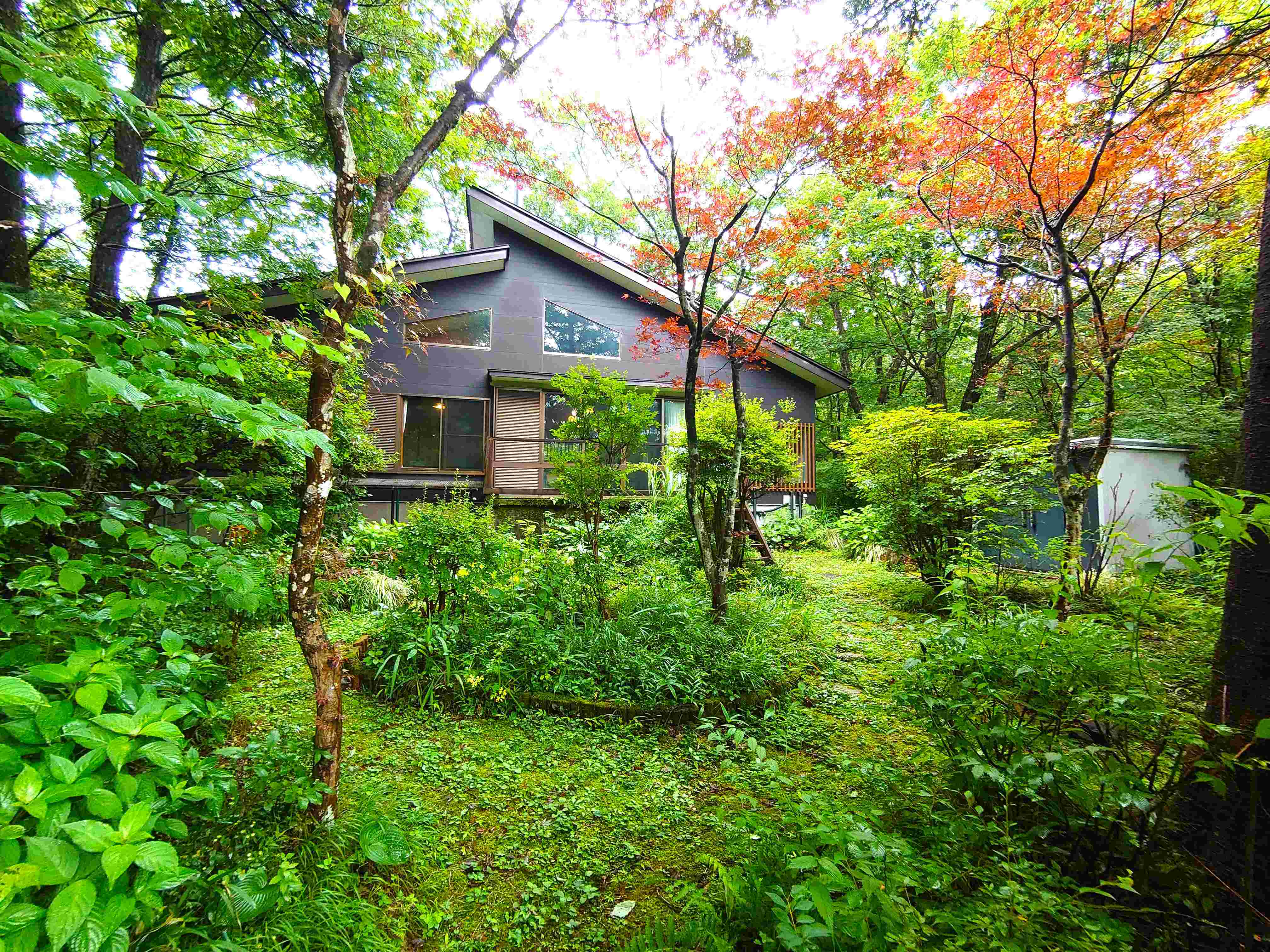 那須湯本地区、標高約1000m付近。別荘地外、管理費不要。都会からの避暑や、夏の2拠点生活にいかがでしょうか。森に囲まれた平家建て、吹抜天井に総木板張りのシックな内装、冬場の薪ストーブも完備しています。那須のスローな田舎暮らしに是非。